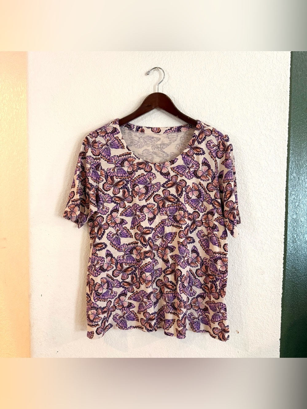 J Jill Womens Shirt Beige Purple Butterfly Pima Slub Scoop Neck Size Large